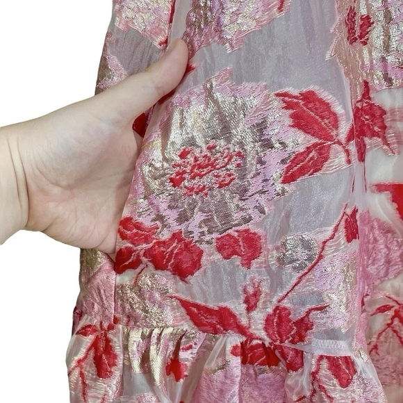 Ariana Rockefeller Metallic Floral Ruffle Hem Mini Dress Pink Red Gold Size 12 - Picture 4 of 7